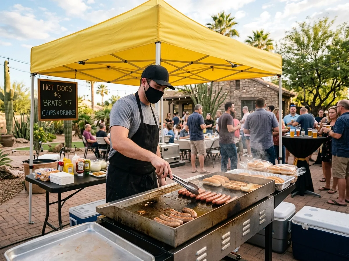 The full Woodwards tent setup serving guests at a backyard event
